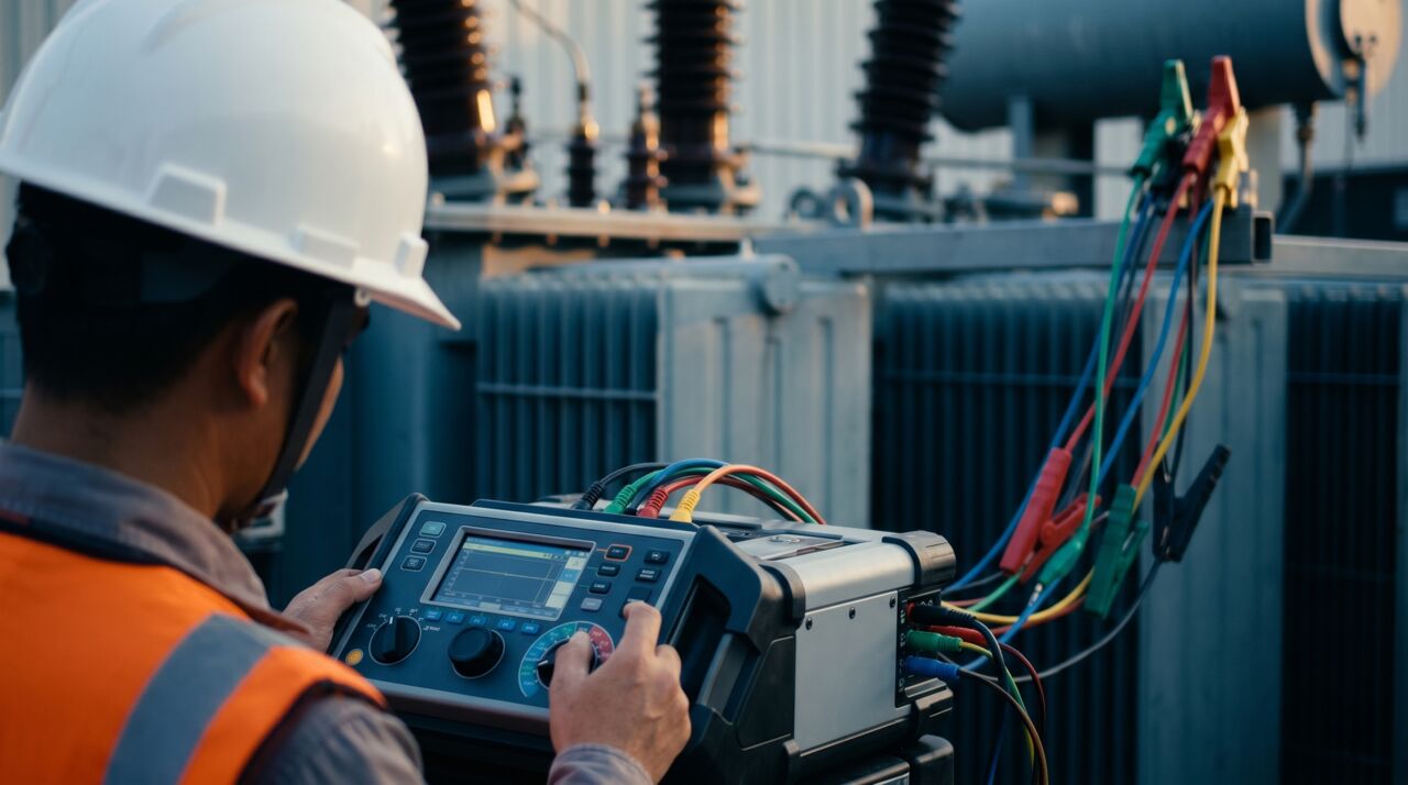 Engineer using an electrical test instrument on a power transformer